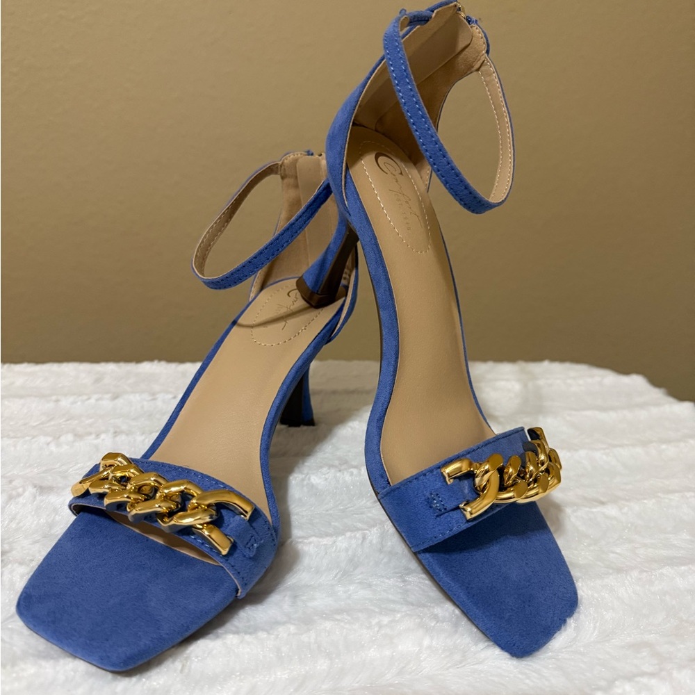 Blue Suede Heels with Gold Chain Accent